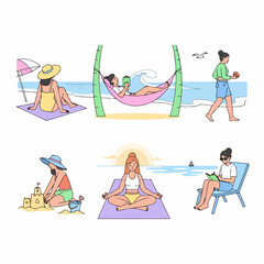 Summer Beach Leisure Activities Illustration Set: Women Relaxing, Reading, Meditating, and Playing on a Tropical Shoreline Vacation.