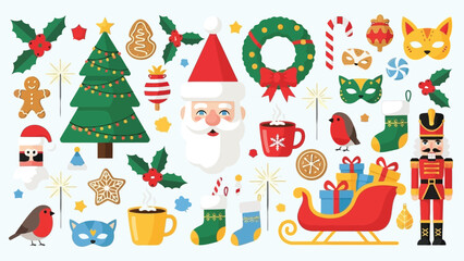 Fototapeta premium Festive christmas elements including santa tree gifts and decorative holiday items