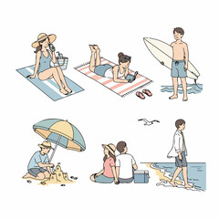 Various people enjoying leisure and fun activities at the beach during summer vacation, flat line illustration.
