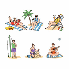 Illustration of people enjoying various summer beach activities like reading, sunbathing, surfing, building sandcastles, sketching, and playing music during tropical vacation leisure.