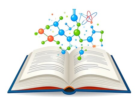 Open book illustration; colorful molecules, atoms, and a flask float above the pages on a white background