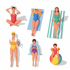 A collection of diverse people in swimwear enjoying summer and pool activities, including sunbathing, swimming, and relaxation.
