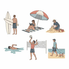Diverse Summer Beach Activities Collection: Surfing, Sunbathing, Volleyball, Swimming, Sandcastle, and Walking Illustrations.