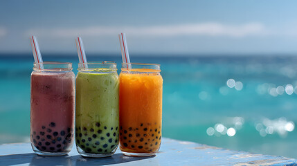 Iced bubble tea trio in glass jars by the sea