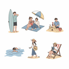 Cute illustration set of people enjoying summer holidays at the beach: surfing, swimming, sunbathing, reading, and sandcastle construction.