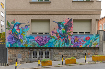 Obraz premium Beautiful Two Hummingbirds Mural at House in Belgrade Serbia