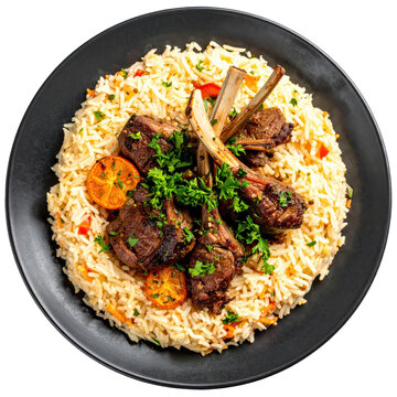 Traditional roz bel laban in a dark bowl, isolated on white background, a hearty and satisfying lebanese family meal