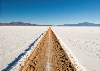 An asphalt highway winds through a dry desert landscape and rocky mountain valley under a horizon of clouds and blue sky for nature travel tourism