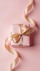 Top view pink Valentine's gift box with gold ribbon and vertical copy space