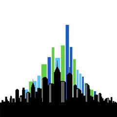 Fototapeta premium Modern city skyline with colorful graph bars rising