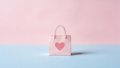 Cute miniature pink shopping bag with a red heart icon on a pastel blue and pink background, representing Valentine&rsquo;s Day gifting, love-themed sales, and sweet confectionery packaging