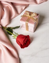 Luxurious pink velvet gift box with gold ribbon next to a fresh red rose on white marble and silk fabric, elegant flat lay for Valentine&rsquo;s Day and anniversary concepts