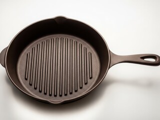 Cast iron grill pan with handle on white background