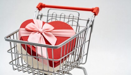 Miniature supermarket shopping cart filled with a red heart-shaped gift box tied with a pink bow, isolated on a white background, symbolizing Valentine&rsquo;s Day online shopping and gift delivery