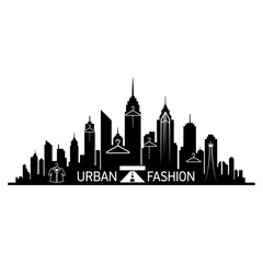 Fototapeta premium Urban fashion city skyline with clothing hangers and road