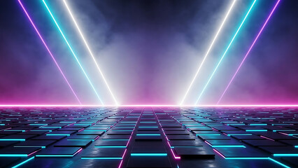 Futuristic neon scene with glowing grid floor and light beams shining through smoke