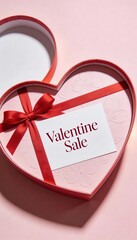 Top-down view of an open heart-shaped gift box with a red bow containing a "Valentine Sale" card, isolated on a pink background for holiday retail promotions and discount announcements