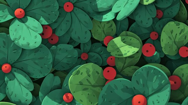Seamless pattern of lush green leaves with red berries
