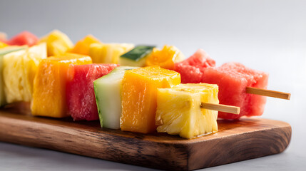 Fresh tropical fruit skewers arranged on wooden serving board