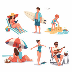 Collection of diverse people enjoying summer beach activities like sunbathing, surfing, playing music, and building sandcastles during a tropical vacation.