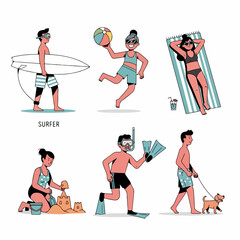 Summer Beach Vacation Activities Illustration Set: Surfing, Snorkeling, Sunbathing, Sandcastles, and Dog Walking.