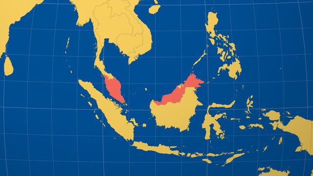 Malaysia on Globe. Animated zoom into the country in Ocean Blue Golden Yellow color palette. Malaysia logo animation. Map with meridians, parallels. Beautiful video.