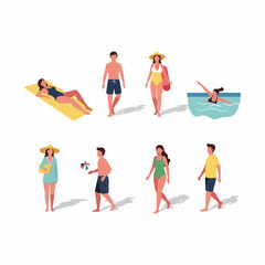 Flat design vector set of diverse people enjoying summer leisure activities like sunbathing, swimming, and walking in beachwear.