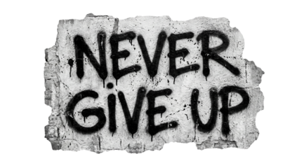 The powerful message Never Give Up is artfully displayed on a worn wall, symbolizing perseverance and resilience