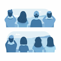 Groups of people viewed from behind, standing together and observing a peaceful, wide blue landscape or seascape.