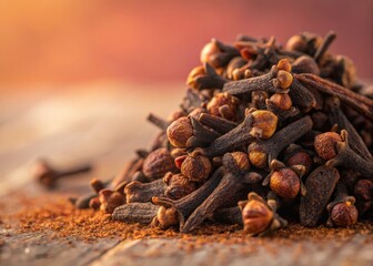 Obraz premium A macro closeup of a heap of aromatic dried brown cloves isolated on a white background, highlighting this essential spicy cooking ingredient and flavorful herbal seasoning