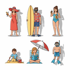 A colorful vector illustration set featuring diverse people enjoying various summer and beach holiday activities like surfing, relaxing, snorkeling, and sun protection.