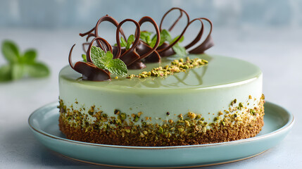 pistachio mousse cake with chocolate curls and crushed nuts