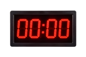 Digital clock displaying the time as 00:00 against a sleek black frame. The vibrant red digits stand out, indicating a moment of stillness or a fresh start.