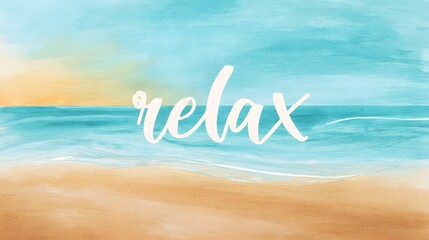 Serene watercolor beach escape relax written in sand a peaceful tropical holiday mood
