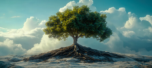 A solitary tree with exposed roots on a rocky landscape under a cloudy sky