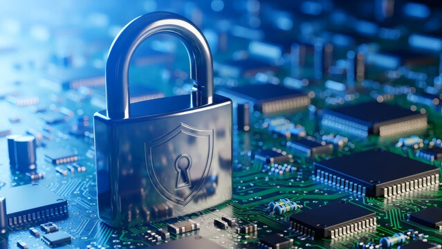 A metallic padlock stands firm on an illuminated circuit board symbolizing digital protection - Powered by Adobe