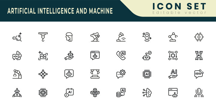 Artificial intelligence and Machine icon set. Editable Stroke Vector Set. Line Icon.