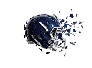 A football helmet shattering into pieces, symbolizing destruction or impact