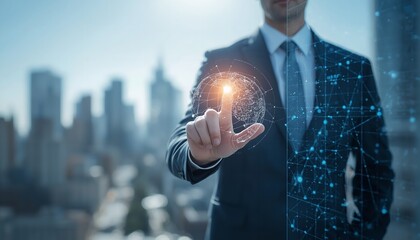 A businessman in a suit interacting with a futuristic digital interface in a cityscape background
