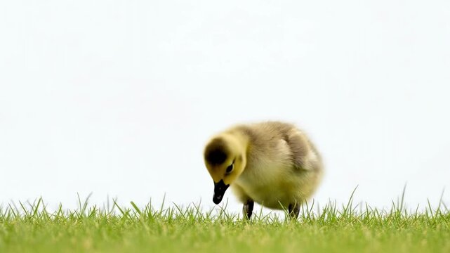 Adorable fluffy gosling stands on green grass against a white background.