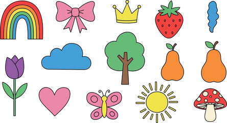 Colorful illustrations of whimsical fruits, flowers, and insects