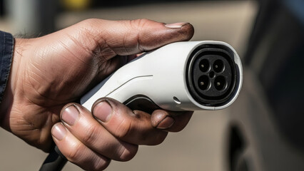 A dirty hand holds a modern white electric vehicle charging plug