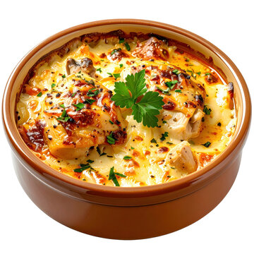 Delicious tavuk guvec, a comforting turkish chicken and vegetable casserole in a single pot, isolated on a white background