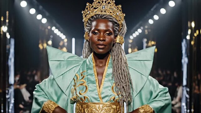 Fashion Model Walking Runway in Gold Crown and Mint Green Kimono