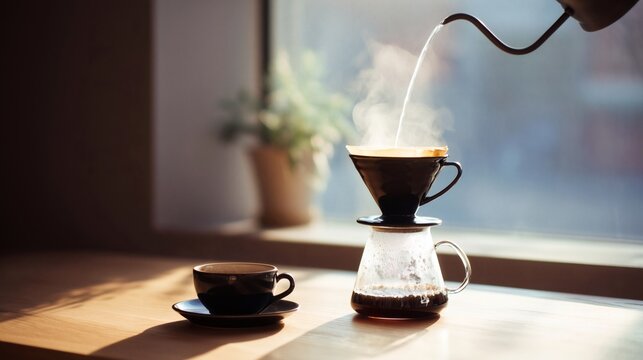 Pour over coffee brewing with dripper, kettle and glass carafe on a wooden table near a window. - Powered by Adobe