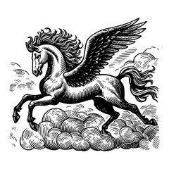 Fototapeta premium Mythical Winged Horse Pegasus Flying Above Clouds In Engraving Style Black And White Art