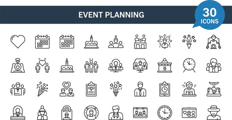 Event planning icons set for organization and management