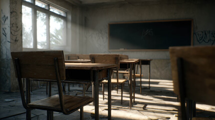 Abandoned Classroom with Dust and Sunlight in a Haunted School Environment