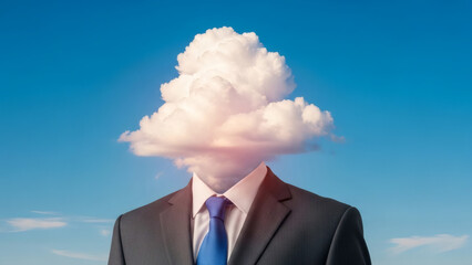 A businessman with a fluffy white cloud as his head against a clear blue sky
