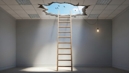 A wooden ladder leads up through a broken ceiling to a bright blue sky